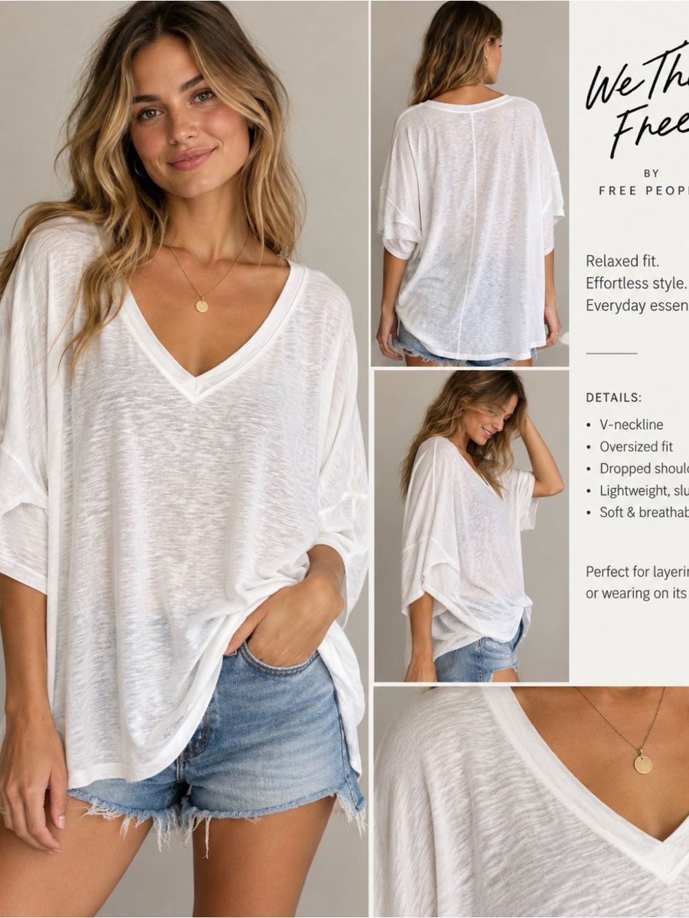 Free People White V-Neck Oversized Slub Tunic